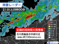 石川県で1時間に約100mmの猛烈な雨　記録的短時間大雨情報