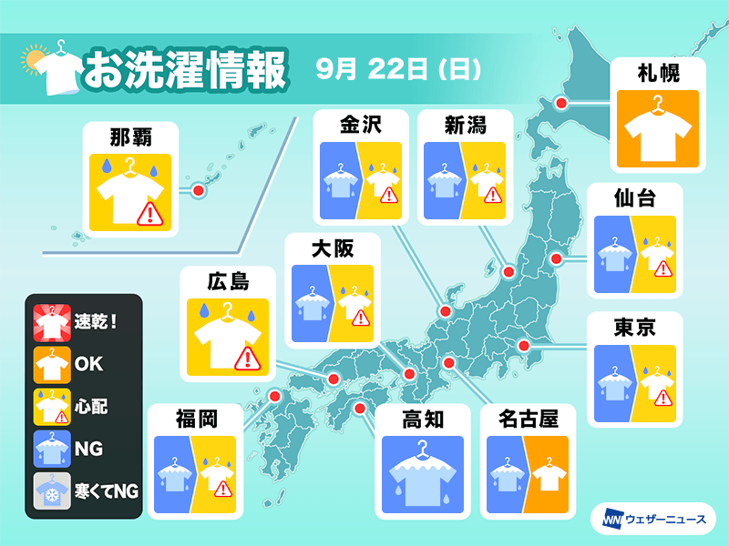 9月22日(日)の洗濯天気予報　三連休二日目も外干しNG