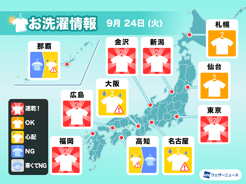 9月24日(火)の洗濯天気予報　連休明けは洗濯日和の所が多い