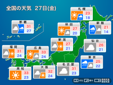 明日27日(金)の天気予報　関東や静岡は強雨警戒　西日本は晴れて昼間は暑い