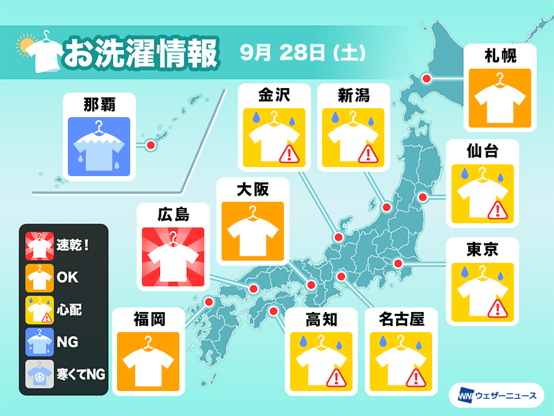 9月28日(土)の洗濯天気予報　東日本は日差し届いても油断禁物