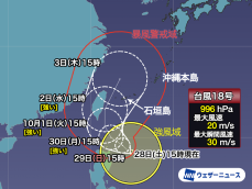 台風18号　北上しながら急速に発達　来週半ばに沖縄に近づく