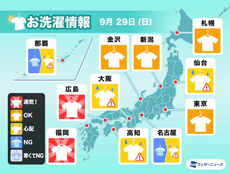 9月29日(日)の洗濯天気予報　広範囲で外干しは心配