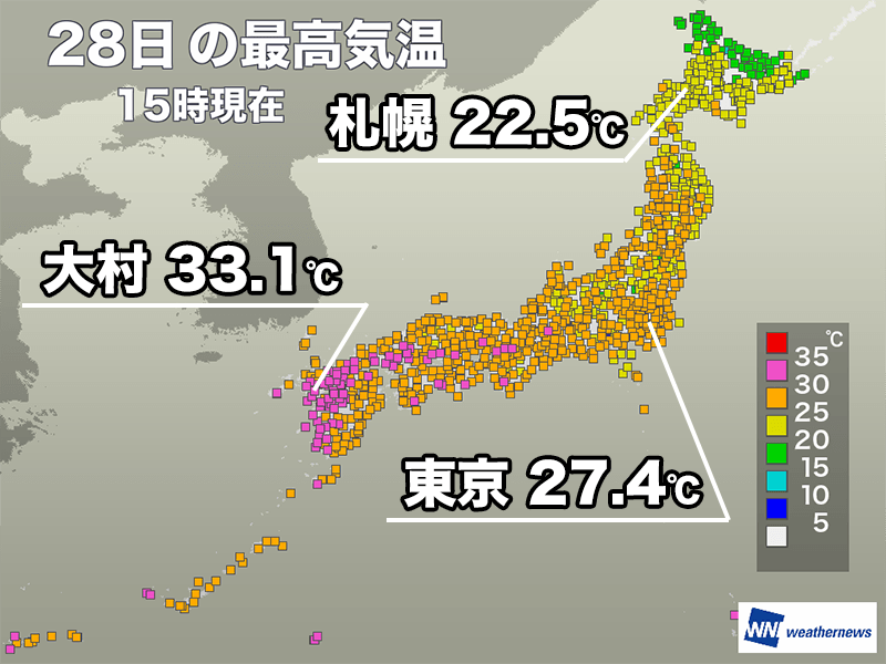 九州、四国で真夏日の所が多い　関東や東海も少し蒸し暑いくらいに