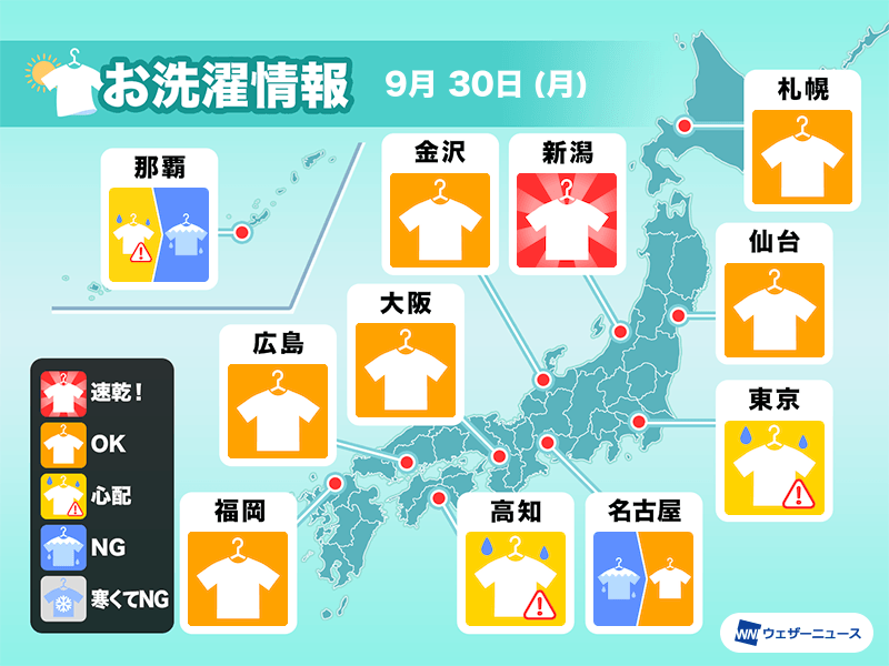 9月30日(月)の洗濯天気予報　日差しの活用は空の様子を見ながら