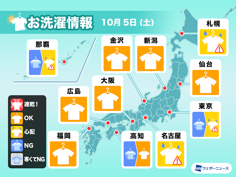 10月5日(土)の洗濯天気予報　雨やんでも不安定　外干しは心配