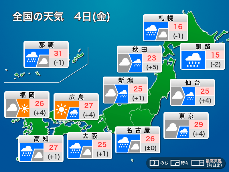 今日4日(金)の天気予報　前線と低気圧で雨　落雷や突風にも注意