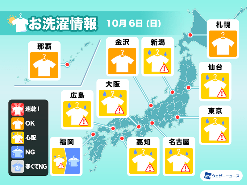 10月6日(日)の洗濯天気予報　すっきりしない空で外干しは心配