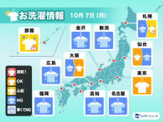 10月7日(月)の洗濯天気予報　多くのところで外干しNG