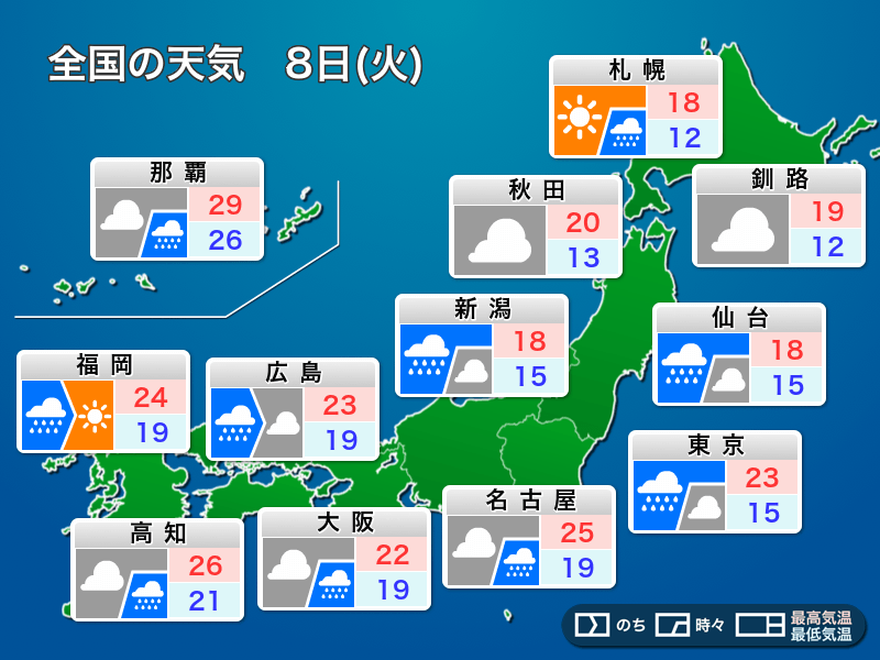 明日8日(火)の天気予報　関東は冷たい雨の一日に　日本海側は天気回復傾向