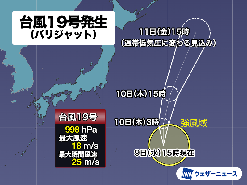 台風19号(バリジャット)発生　日本の東の海上を北上する見込み