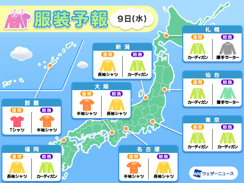 10月9日(水)　各地の気温変化と最適な服装