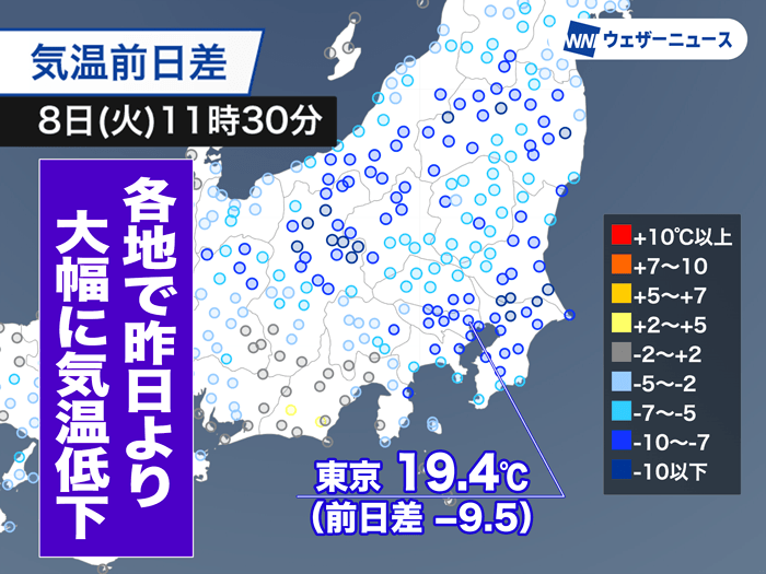 関東はどんどん気温低下　東京都心でも20℃を下回り肌寒い