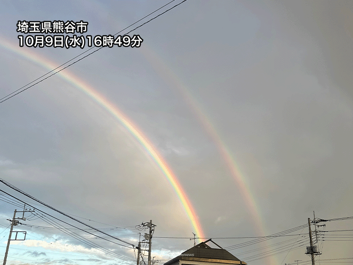 関東で雨の終わりを告げる虹　ダブルレインボーの見えた所も