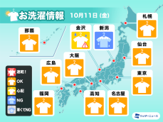 10月11日(金)の洗濯天気予報　広範囲でお洗濯チャンス