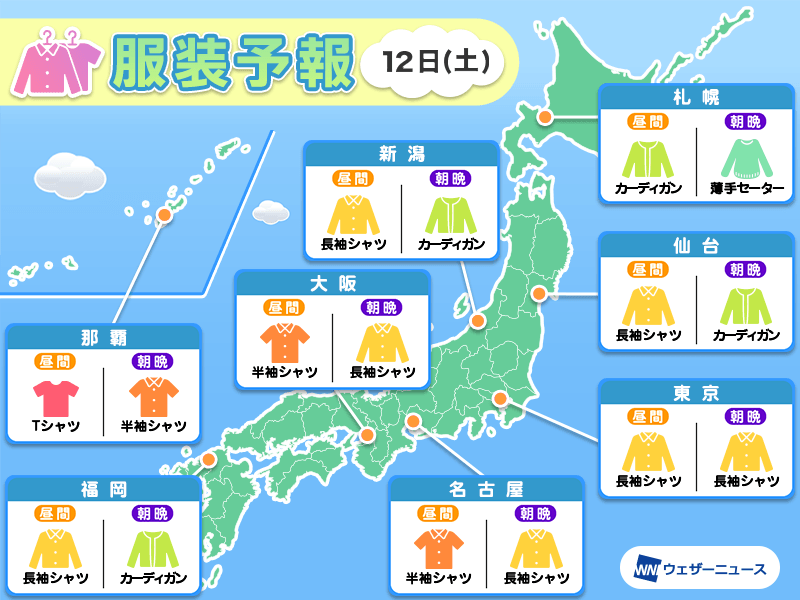 10月12日(土)　各地の気温変化と最適な服装