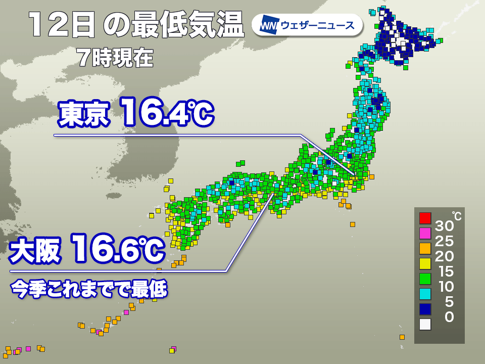 大阪など広範囲で今季これまでで一番の涼しさ　北海道では霜の降りる寒さに