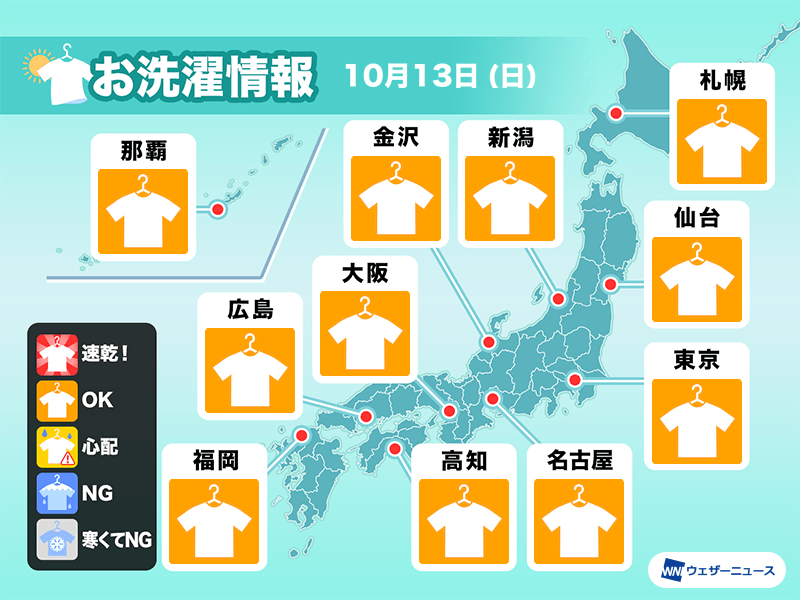 10月13日(日)の洗濯天気予報　三連休中日も広くお洗濯日和