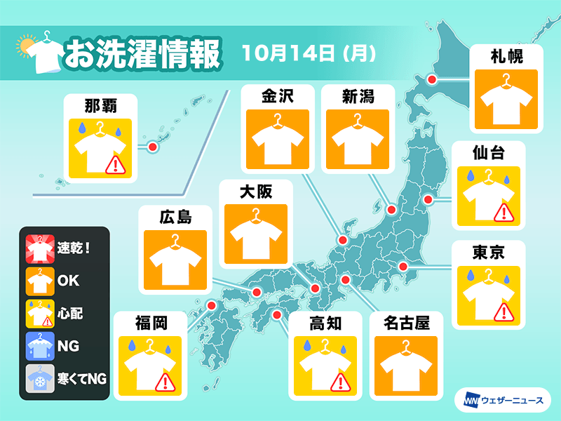 10月14日(月)の洗濯天気予報　三連休最終日も外干しOKの所が多い