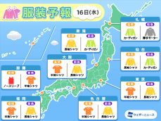 10月16日(水)　各地の気温変化と最適な服装