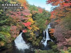 奥日光の竜頭滝で紅葉が見頃　冷え込みが弱く例年より遅い