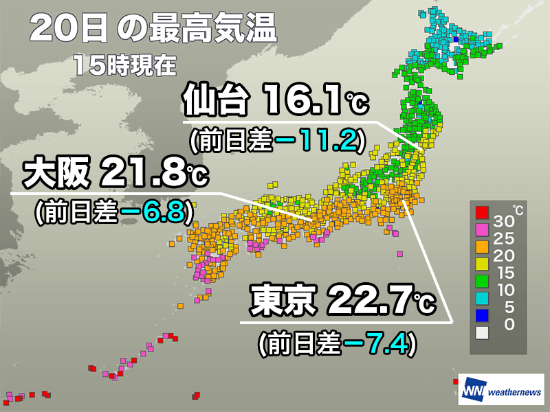 寒気南下し気温は大幅低下　25℃以上の夏日地点は激減