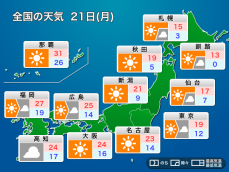 明日10月21日(月)の天気予報　広い範囲で日差し届く　九州太平洋側は雨が降りやすい