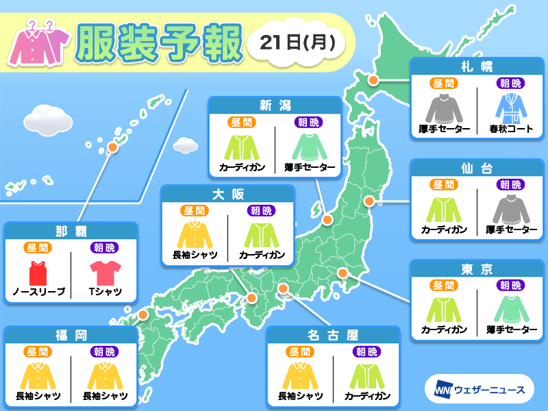 10月21日(月)　各地の気温変化と最適な服装