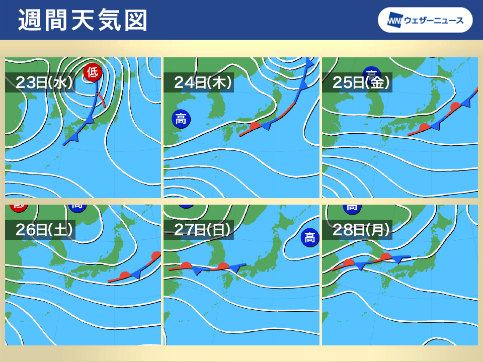 今週後半は前線が停滞　西日本、東日本の太平洋側は曇りや雨に