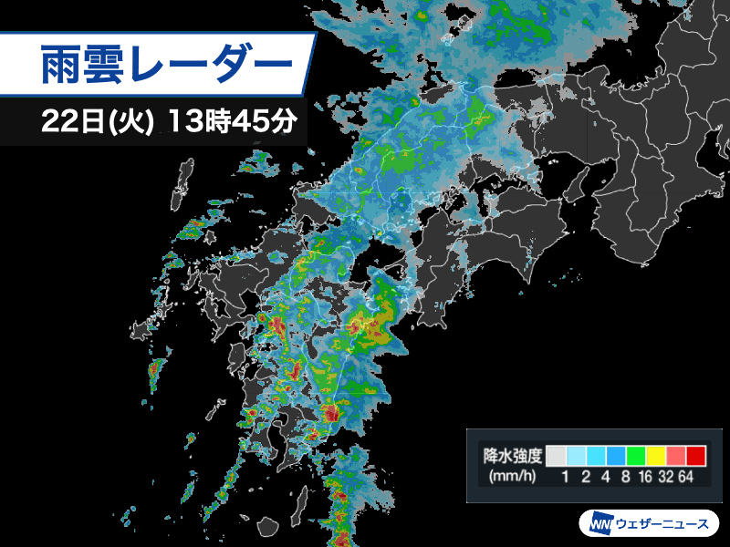 宮崎県で1時間に60mm超の雨　非常に激しい雨が夕方まで続くおそれ