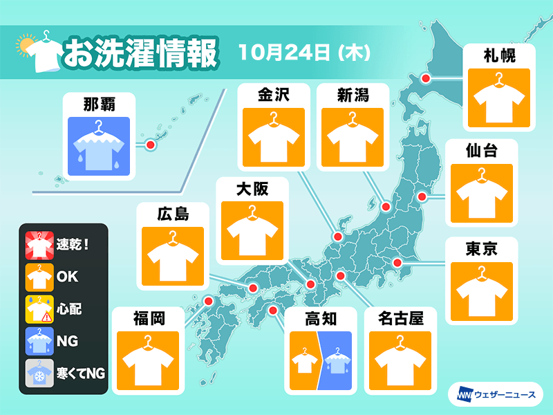 10月24日(木)の洗濯天気予報　関東から四国は外干し可能も夕方から雨が心配