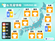 10月25日(金)の洗濯天気予報　太平洋側はパラッと雨に注意