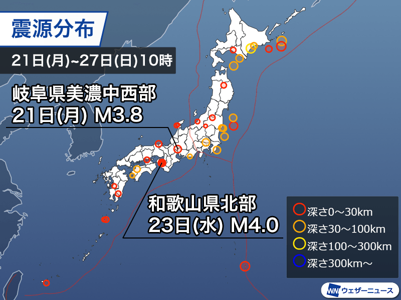 週刊地震情報 2024.10.27　和歌山県北部で一日に9回の有感地震　最大震度3も