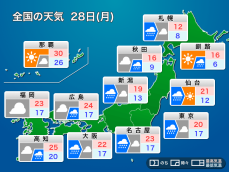 明日28日(月)の天気予報　広い範囲で本降りの雨　沖縄は早めの台風対策を