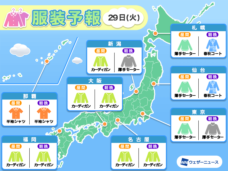 10月29日(火)　各地の気温変化と最適な服装