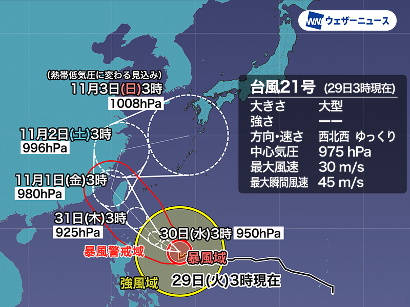 大型の台風21号(コンレイ)　週末には低気圧になるも西日本など大雨のおそれ