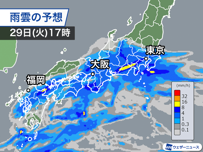 前線の雨雲が北上　帰宅時間は西日本、東日本で本降りの雨