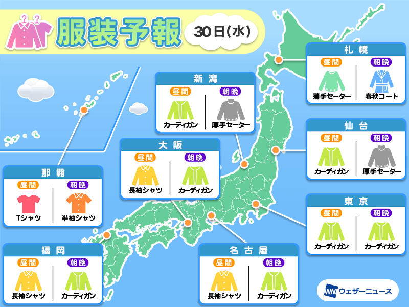 10月30日(水)　各地の気温変化と最適な服装