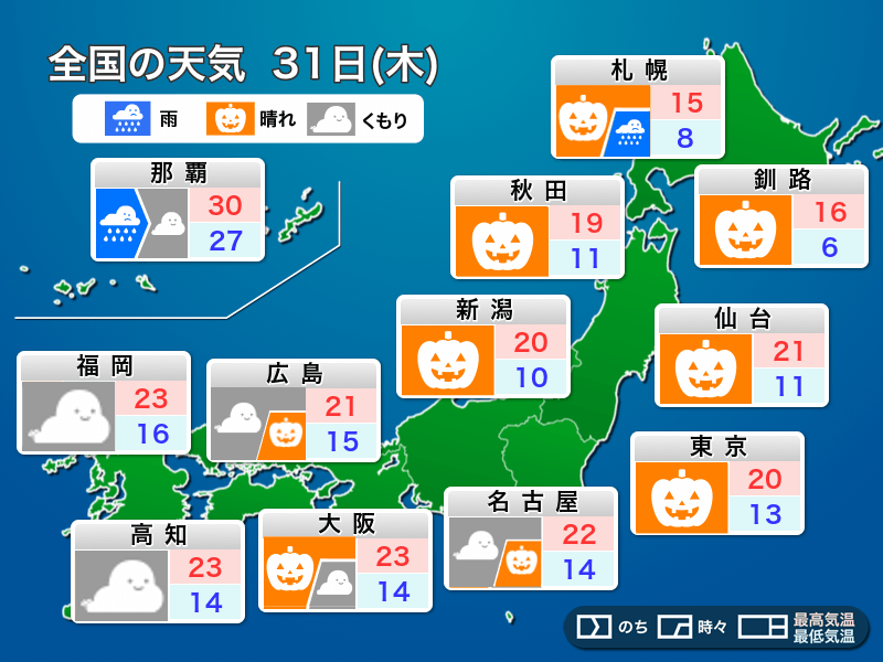 今日31日(木)の天気予報　東日本や北日本は穏やかな秋晴れ　西日本は天気下り坂へ