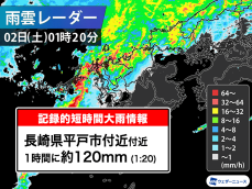 長崎県で1時間に約120mmの猛烈な雨　記録的短時間大雨情報