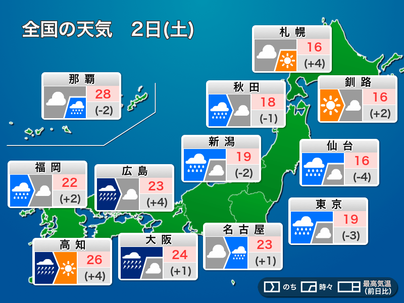 今日2日(土)の天気予報　三連休初日は広く天気崩れる　関東以西は激しい雨に警戒