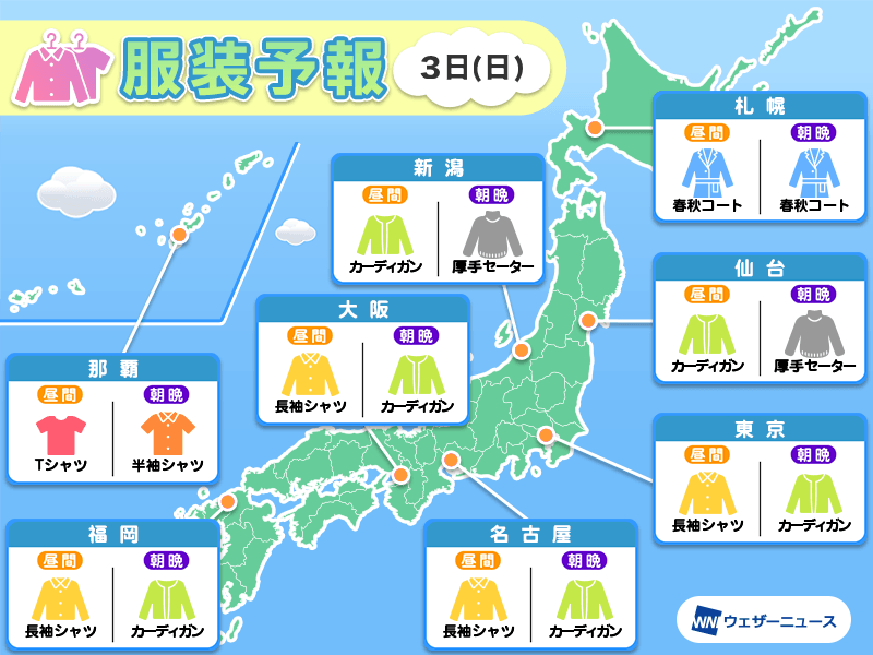 11月3日(日)　各地の気温変化と最適な服装