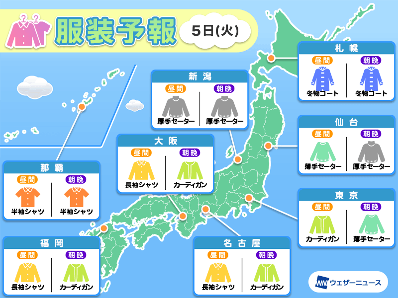 11月5日(火)　各地の気温変化と最適な服装