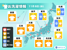 11月6日(水)の洗濯天気予報　日本海側や関東より北は雨が心配