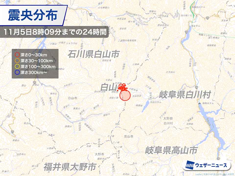 昨日、白山のやや深部でM4.2の有感地震　その後一時的に地震が増加　石川・岐阜