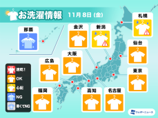 11月8日(金)の洗濯天気予報　広範囲でお洗濯日和に