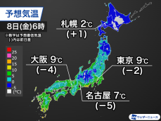 明日朝は冷え込みが強まる　東京や大阪など今季初の一桁に