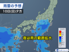 日曜日は西日本、東日本で下り坂　遅い時間ほど雨が降りやすい