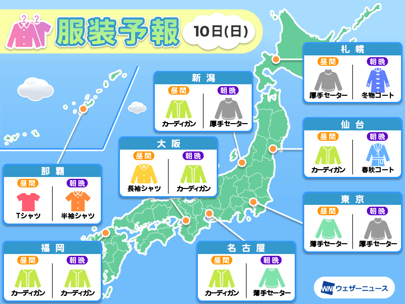 11月10日(日)　各地の気温変化と最適な服装