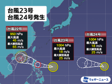 台風23号(トラジー)と台風24号(マンニィ)が同時刻に発生　3つの台風が西進